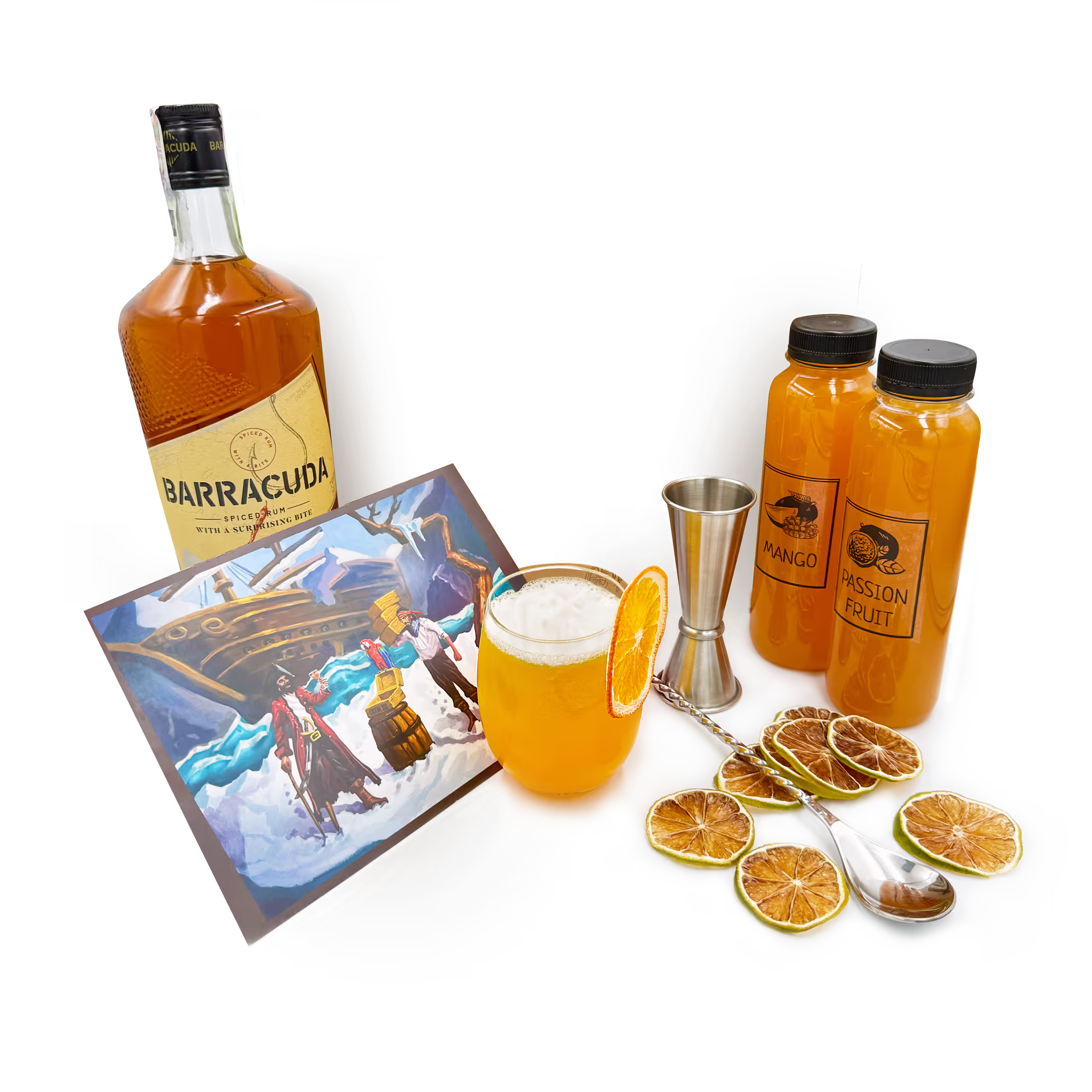 Коктейлна кутия Cocktail Mix с ром Barracuda, натурални сиропи манго и маракуя, бар оборудване и готов коктейл с гарниш лимон